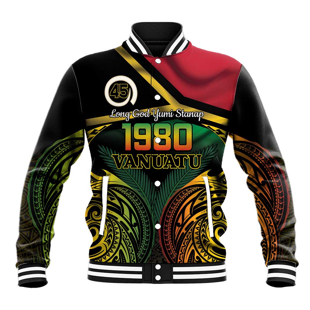 Vanuatu 1980 Baseball Jacket Hapi 45 Yia Indipendens Anivesari LT14 Unisex Black - Polynesian Pride