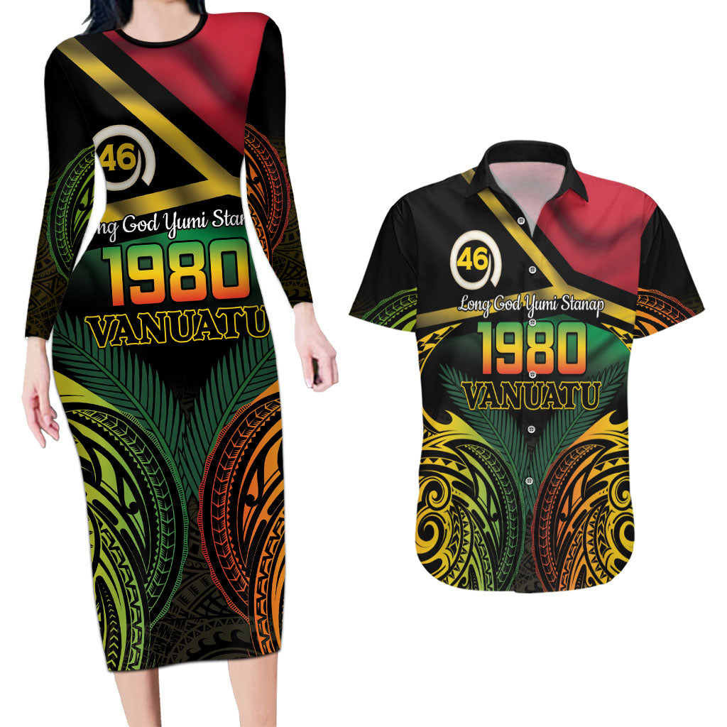 Vanuatu 1980 Couples Matching Long Sleeve Bodycon Dress and Hawaiian Shirt Hapi 46 Yia Indipendens Anivesari LT14 Black - Polynesian Pride