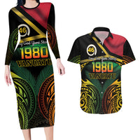 Vanuatu 1980 Couples Matching Long Sleeve Bodycon Dress and Hawaiian Shirt Hapi 46 Yia Indipendens Anivesari LT14 Black - Polynesian Pride