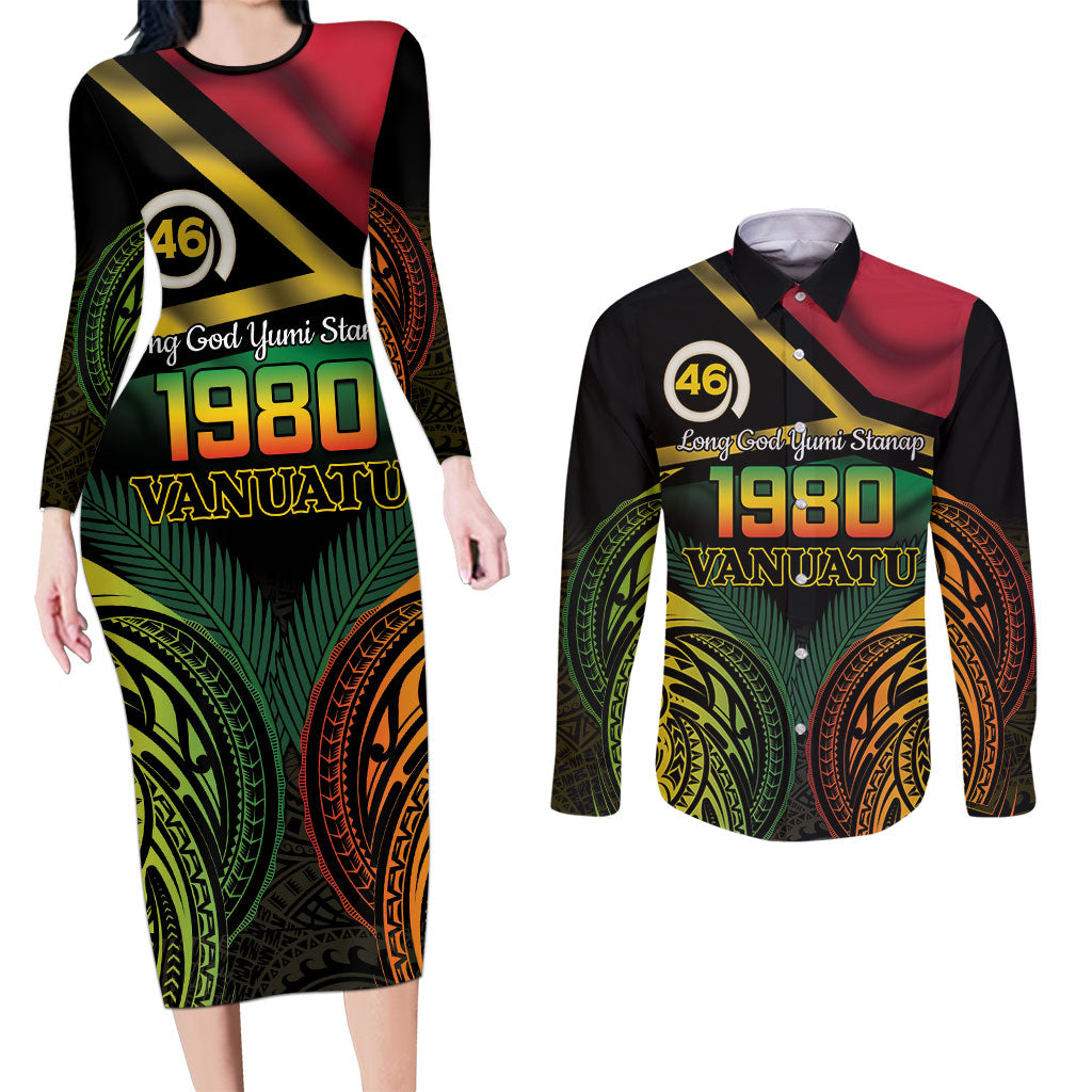 Vanuatu 1980 Couples Matching Long Sleeve Bodycon Dress and Long Sleeve Button Shirt Hapi 46 Yia Indipendens Anivesari LT14 Black - Polynesian Pride
