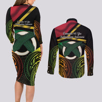 Vanuatu 1980 Couples Matching Long Sleeve Bodycon Dress and Long Sleeve Button Shirt Hapi 46 Yia Indipendens Anivesari LT14 - Polynesian Pride