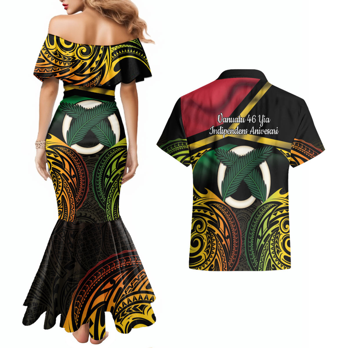 Vanuatu 1980 Couples Matching Mermaid Dress and Hawaiian Shirt Hapi 46 Yia Indipendens Anivesari LT14 - Polynesian Pride