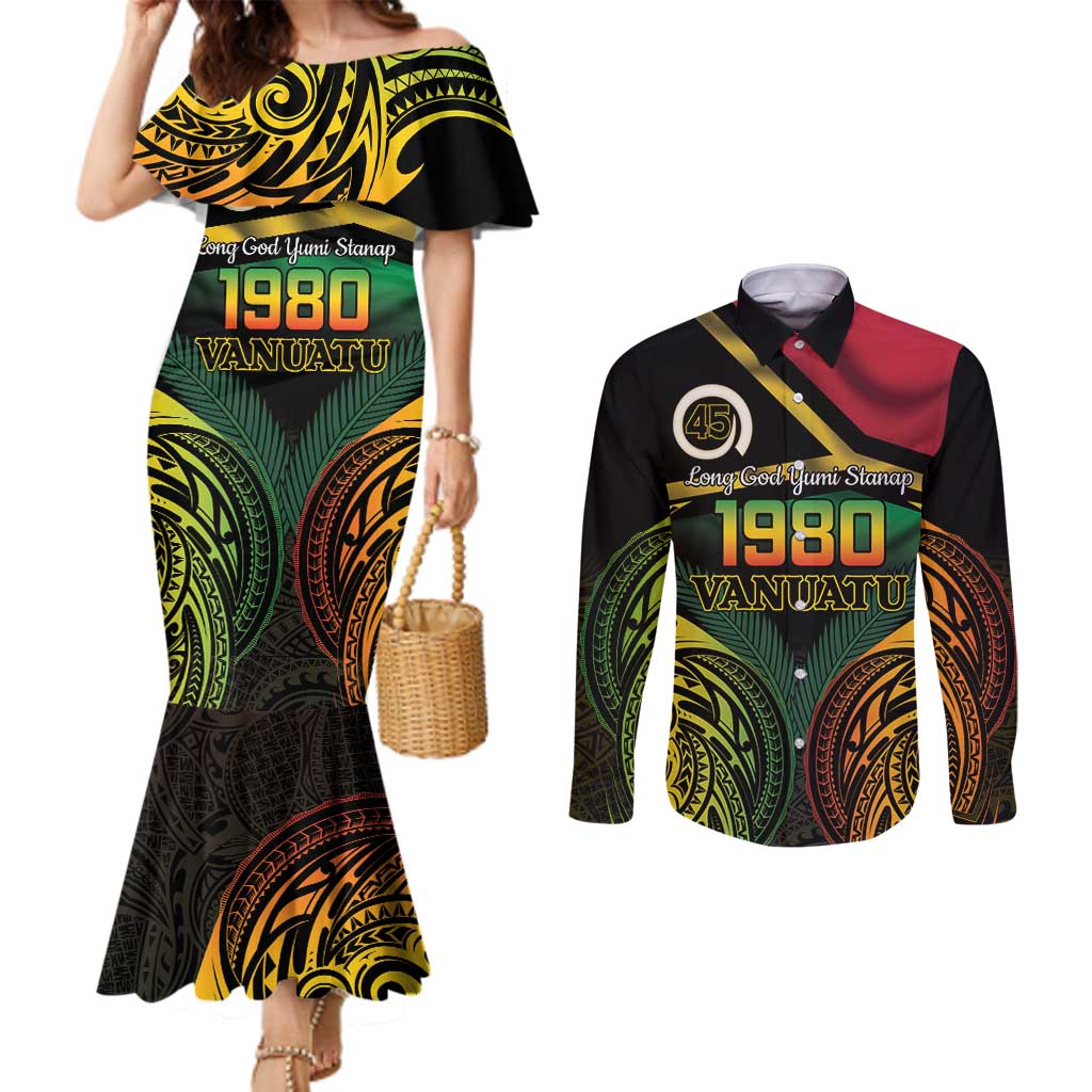 Vanuatu 1980 Couples Matching Mermaid Dress and Long Sleeve Button Shirt Hapi 45 Yia Indipendens Anivesari LT14 Black - Polynesian Pride