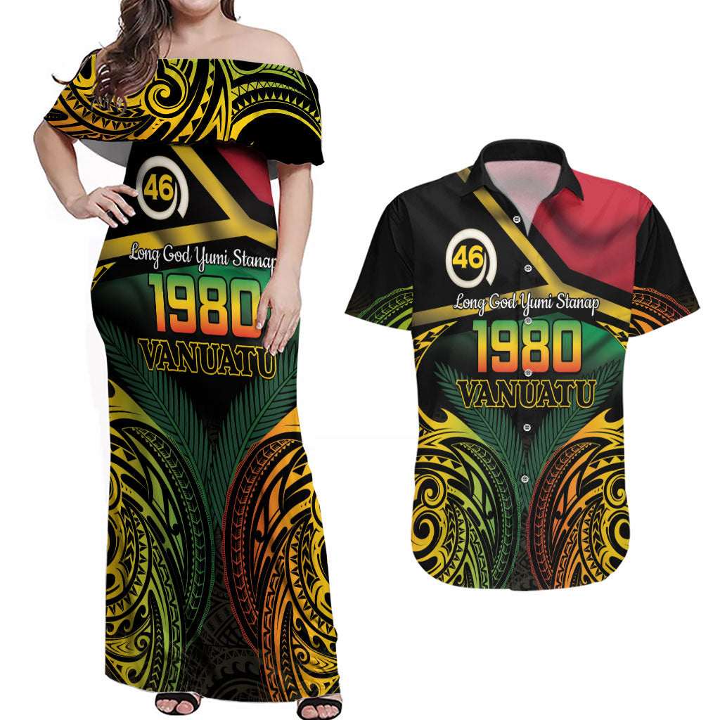 Vanuatu 1980 Couples Matching Off Shoulder Maxi Dress and Hawaiian Shirt Hapi 46 Yia Indipendens Anivesari LT14 Black - Polynesian Pride