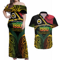 Vanuatu 1980 Couples Matching Off Shoulder Maxi Dress and Hawaiian Shirt Hapi 46 Yia Indipendens Anivesari LT14 Black - Polynesian Pride