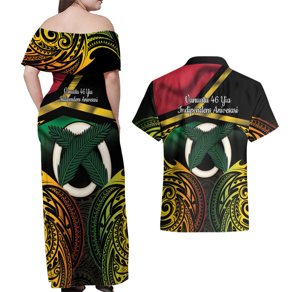 Vanuatu 1980 Couples Matching Off Shoulder Maxi Dress and Hawaiian Shirt Hapi 46 Yia Indipendens Anivesari LT14 - Polynesian Pride