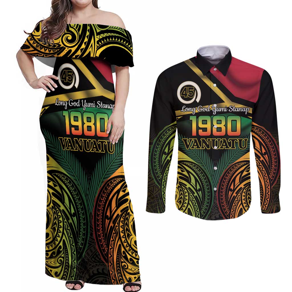 Vanuatu 1980 Couples Matching Off Shoulder Maxi Dress and Long Sleeve Button Shirt Hapi 45 Yia Indipendens Anivesari LT14 Black - Polynesian Pride