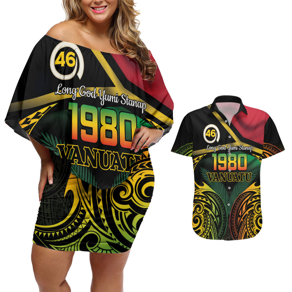 Vanuatu 1980 Couples Matching Off Shoulder Short Dress and Hawaiian Shirt Hapi 46 Yia Indipendens Anivesari LT14 Black - Polynesian Pride