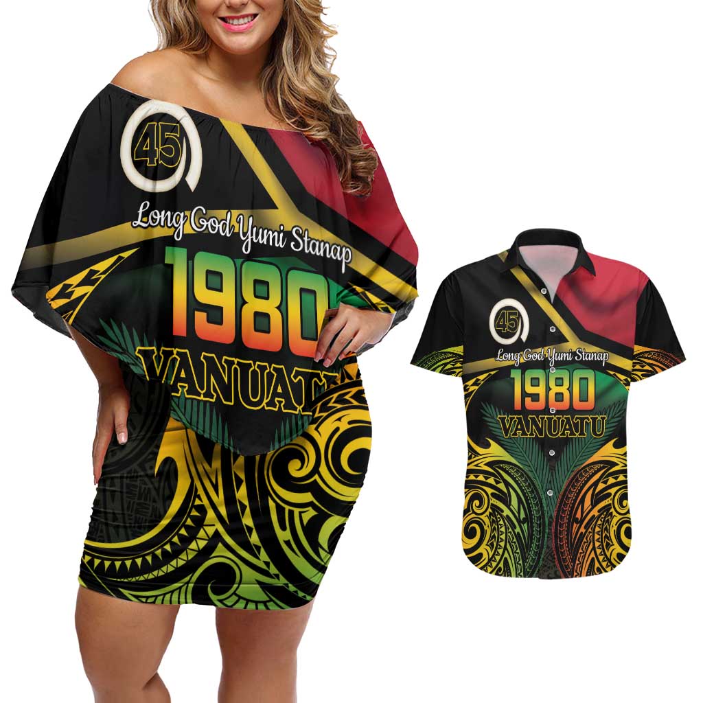 Vanuatu 1980 Couples Matching Off Shoulder Short Dress and Hawaiian Shirt Hapi 45 Yia Indipendens Anivesari LT14 Black - Polynesian Pride