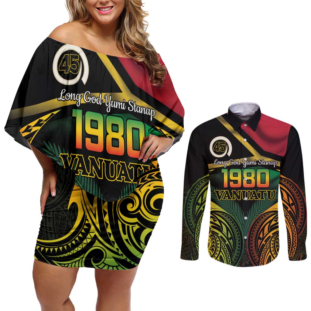 Vanuatu 1980 Couples Matching Off Shoulder Short Dress and Long Sleeve Button Shirt Hapi 45 Yia Indipendens Anivesari LT14 Black - Polynesian Pride