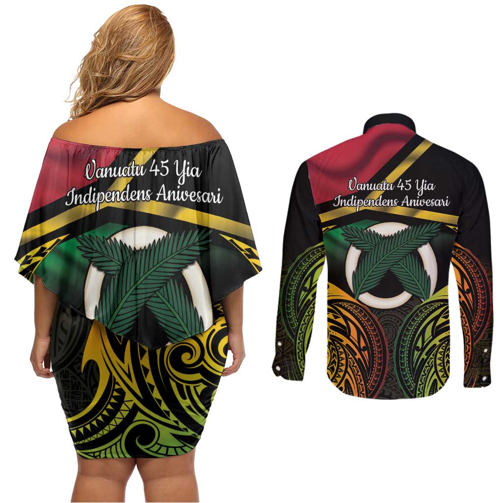 Vanuatu 1980 Couples Matching Off Shoulder Short Dress and Long Sleeve Button Shirt Hapi 45 Yia Indipendens Anivesari LT14 - Polynesian Pride