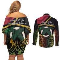 Vanuatu 1980 Couples Matching Off Shoulder Short Dress and Long Sleeve Button Shirt Hapi 45 Yia Indipendens Anivesari LT14 - Polynesian Pride