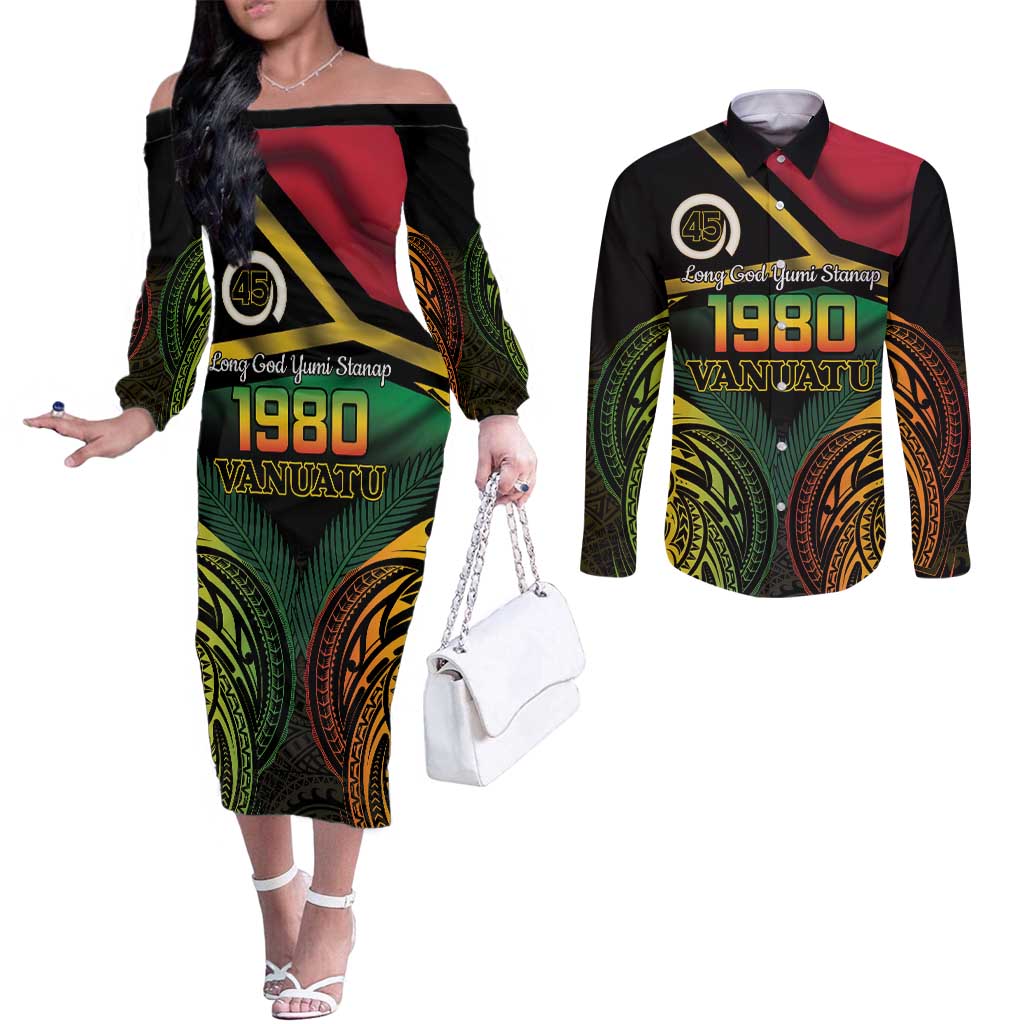 Vanuatu 1980 Couples Matching Off The Shoulder Long Sleeve Dress and Long Sleeve Button Shirt Hapi 45 Yia Indipendens Anivesari LT14 Black - Polynesian Pride