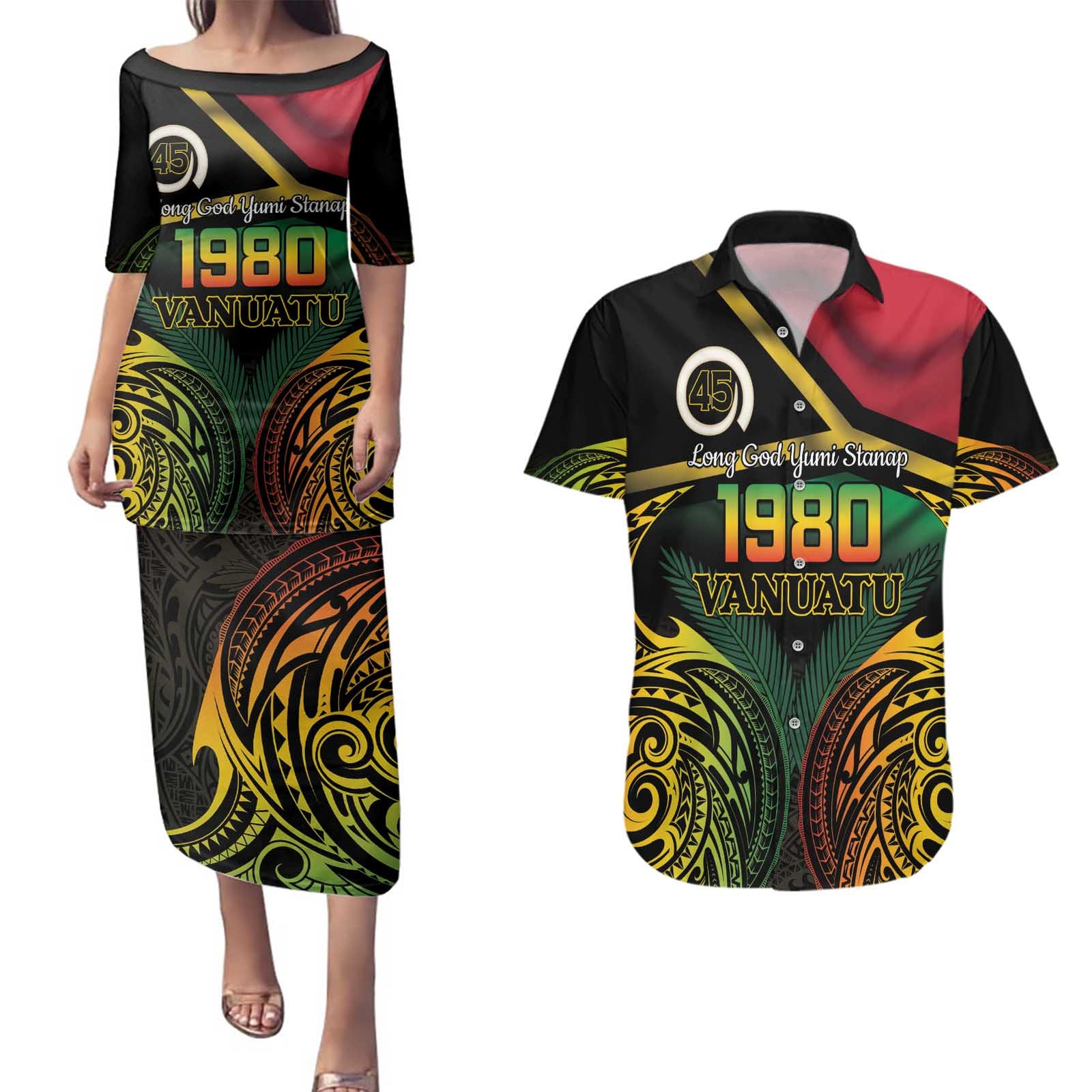 Vanuatu 1980 Couples Matching Puletasi and Hawaiian Shirt Hapi 45 Yia Indipendens Anivesari LT14 Black - Polynesian Pride