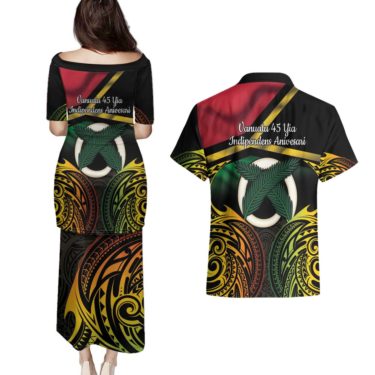 Vanuatu 1980 Couples Matching Puletasi and Hawaiian Shirt Hapi 45 Yia Indipendens Anivesari