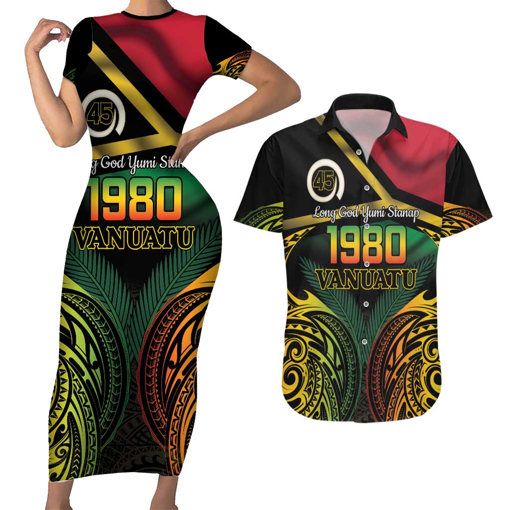 Vanuatu 1980 Couples Matching Short Sleeve Bodycon Dress and Hawaiian Shirt Hapi 45 Yia Indipendens Anivesari LT14 Black - Polynesian Pride