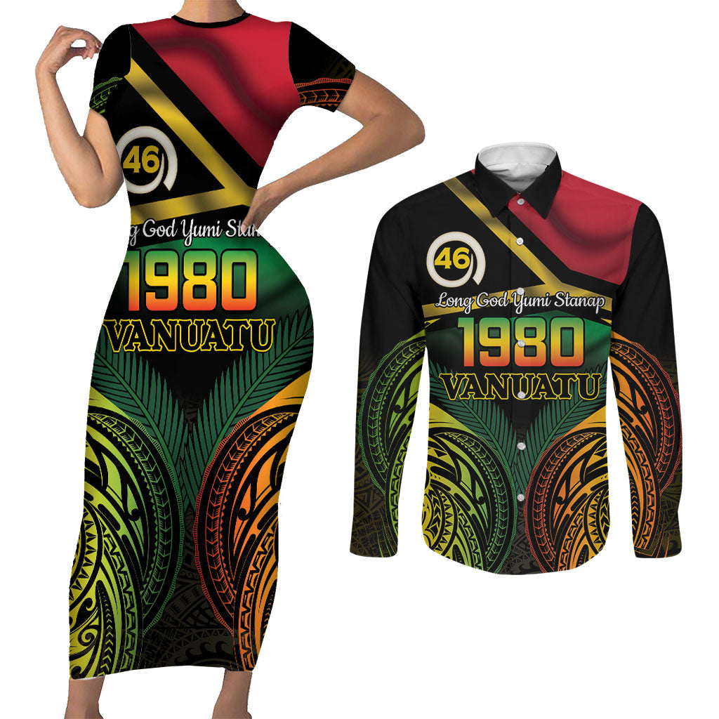 Vanuatu 1980 Couples Matching Short Sleeve Bodycon Dress and Long Sleeve Button Shirt Hapi 46 Yia Indipendens Anivesari LT14 Black - Polynesian Pride