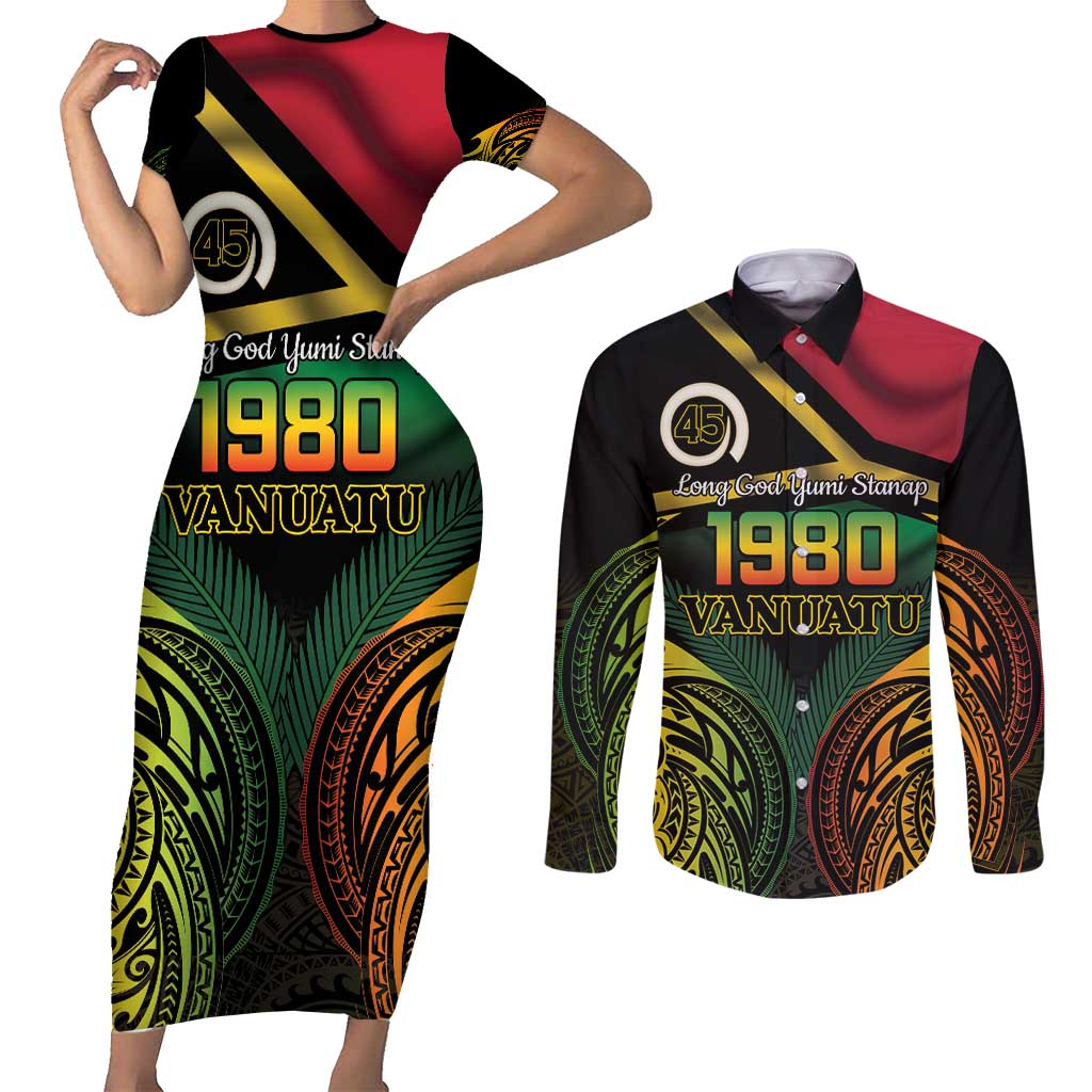 Vanuatu 1980 Couples Matching Short Sleeve Bodycon Dress and Long Sleeve Button Shirt Hapi 45 Yia Indipendens Anivesari LT14 Black - Polynesian Pride