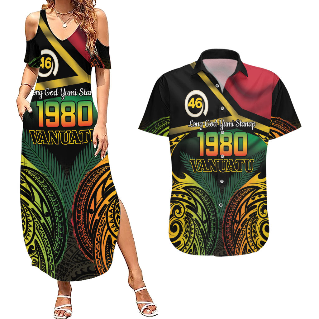 Vanuatu 1980 Couples Matching Summer Maxi Dress and Hawaiian Shirt Hapi 46 Yia Indipendens Anivesari LT14 Black - Polynesian Pride