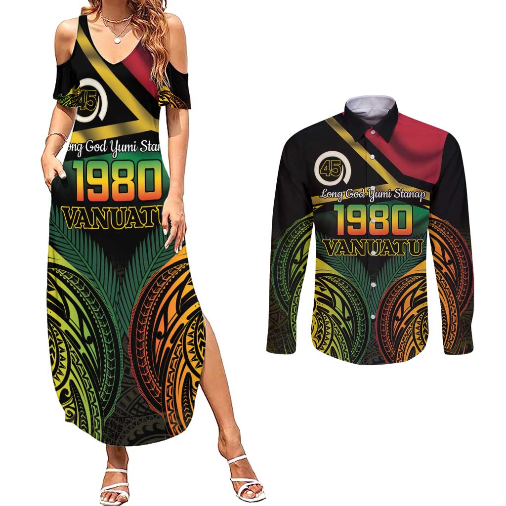 Vanuatu 1980 Couples Matching Summer Maxi Dress and Long Sleeve Button Shirt Hapi 45 Yia Indipendens Anivesari LT14 Black - Polynesian Pride