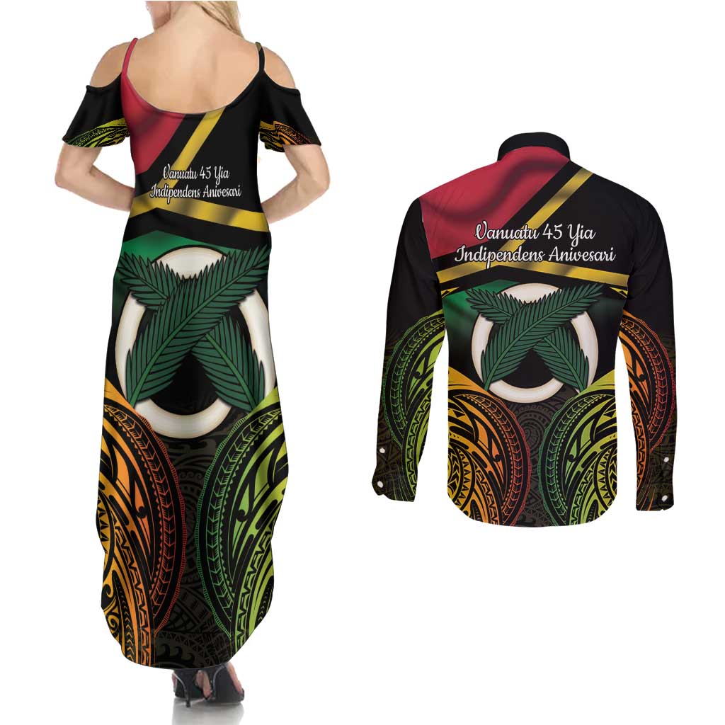 Vanuatu 1980 Couples Matching Summer Maxi Dress and Long Sleeve Button Shirt Hapi 45 Yia Indipendens Anivesari LT14 - Polynesian Pride