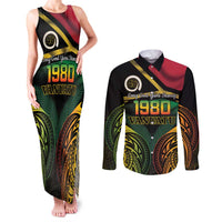 Vanuatu 1980 Couples Matching Tank Maxi Dress and Long Sleeve Button Shirt Hapi 45 Yia Indipendens Anivesari LT14 Black - Polynesian Pride