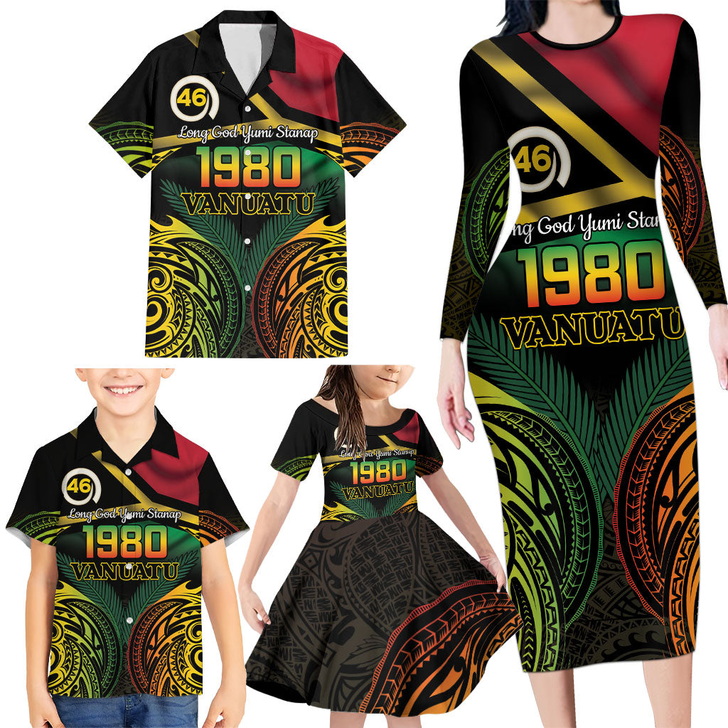 Vanuatu 1980 Family Matching Long Sleeve Bodycon Dress and Hawaiian Shirt Hapi 46 Yia Indipendens Anivesari LT14 - Polynesian Pride