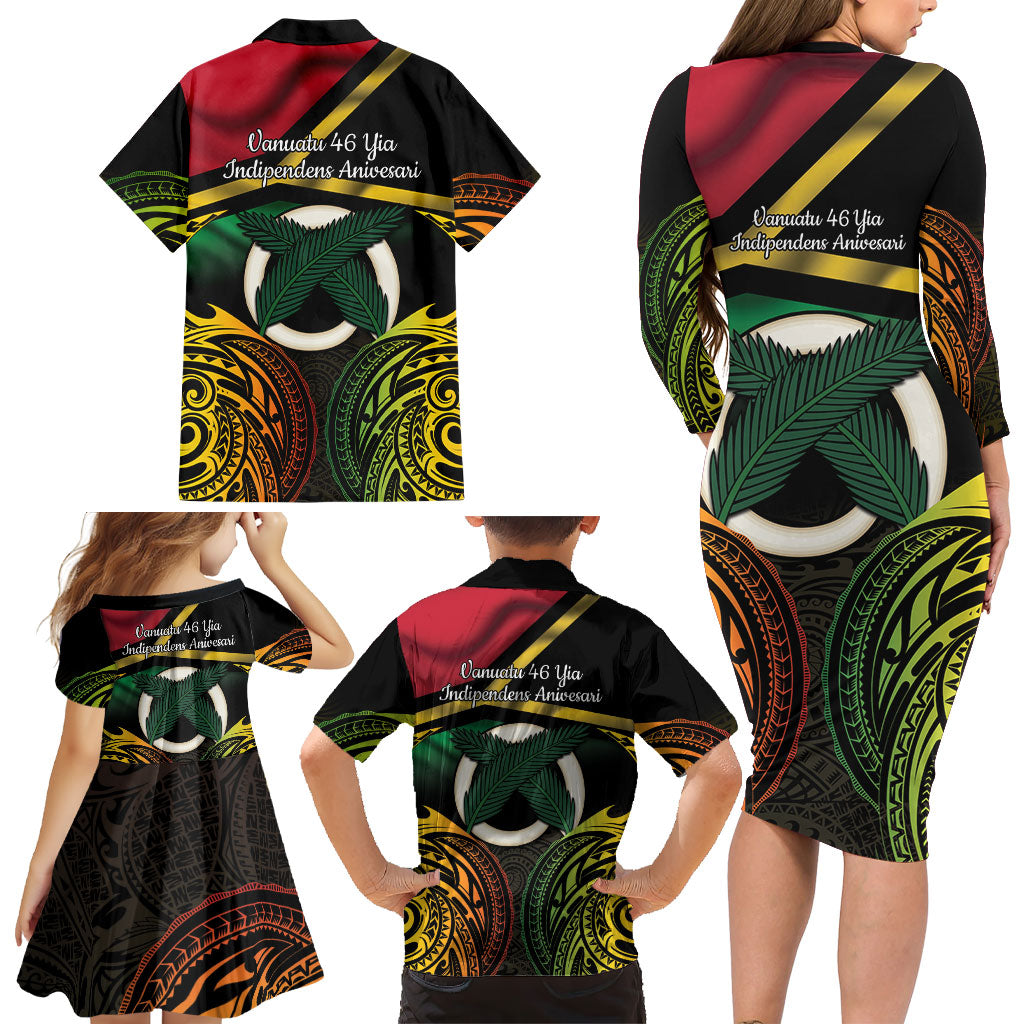Vanuatu 1980 Family Matching Long Sleeve Bodycon Dress and Hawaiian Shirt Hapi 46 Yia Indipendens Anivesari LT14 - Polynesian Pride