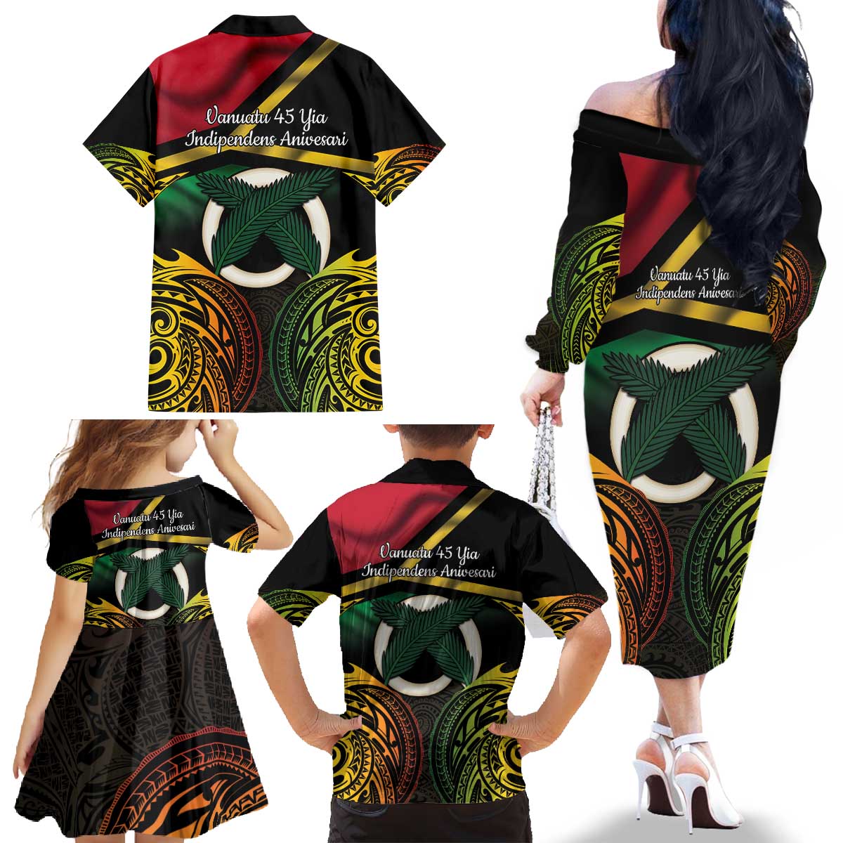 Vanuatu 1980 Family Matching Off The Shoulder Long Sleeve Dress and Hawaiian Shirt Hapi 45 Yia Indipendens Anivesari
