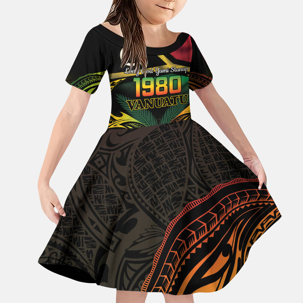 Vanuatu 1980 Family Matching Puletasi and Hawaiian Shirt Hapi 46 Yia Indipendens Anivesari LT14 Daughter's Dress Black - Polynesian Pride