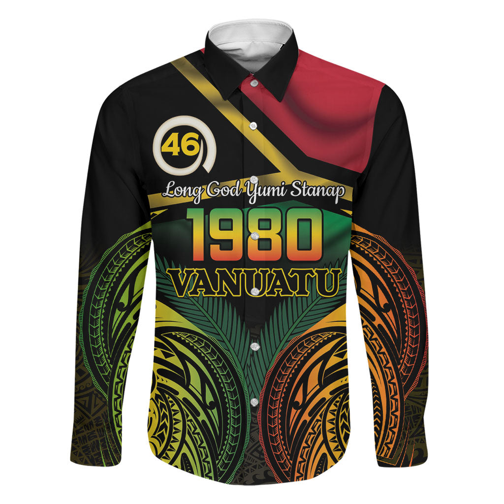 Vanuatu 1980 Family Matching Puletasi and Hawaiian Shirt Hapi 46 Yia Indipendens Anivesari LT14 Dad's Shirt - Long Sleeve Black - Polynesian Pride