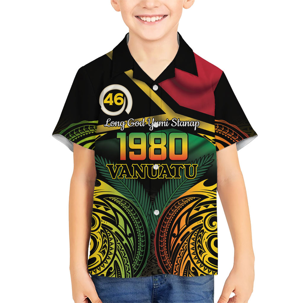 Vanuatu 1980 Family Matching Puletasi and Hawaiian Shirt Hapi 46 Yia Indipendens Anivesari LT14 Son's Shirt Black - Polynesian Pride