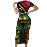 Vanuatu 1980 Family Matching Short Sleeve Bodycon Dress and Hawaiian Shirt Hapi 45 Yia Indipendens Anivesari