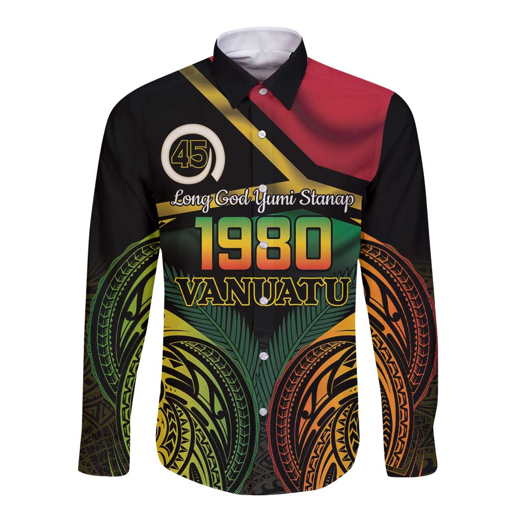 Vanuatu 1980 Long Sleeve Button Shirt Hapi 45 Yia Indipendens Anivesari LT14 Unisex Black - Polynesian Pride