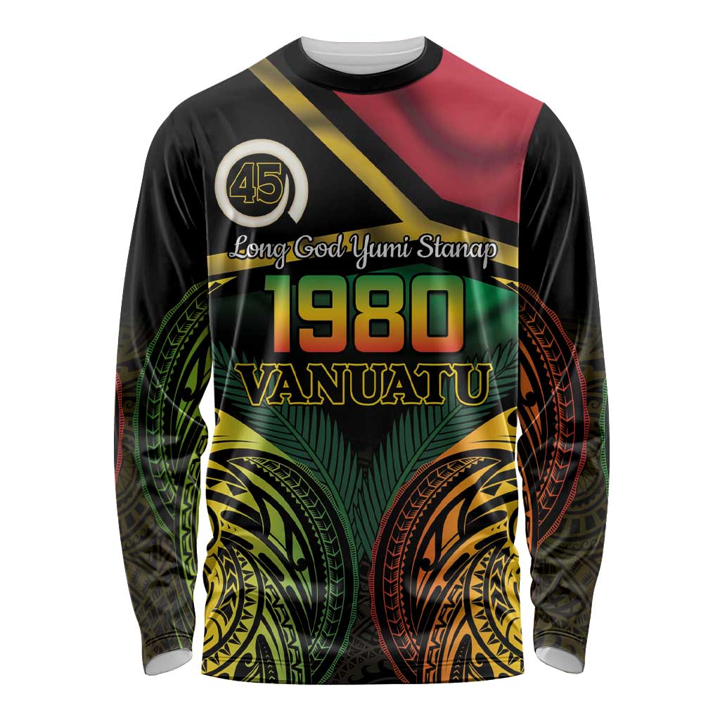 Vanuatu 1980 Long Sleeve Shirt Hapi 45 Yia Indipendens Anivesari LT14 Unisex Black - Polynesian Pride