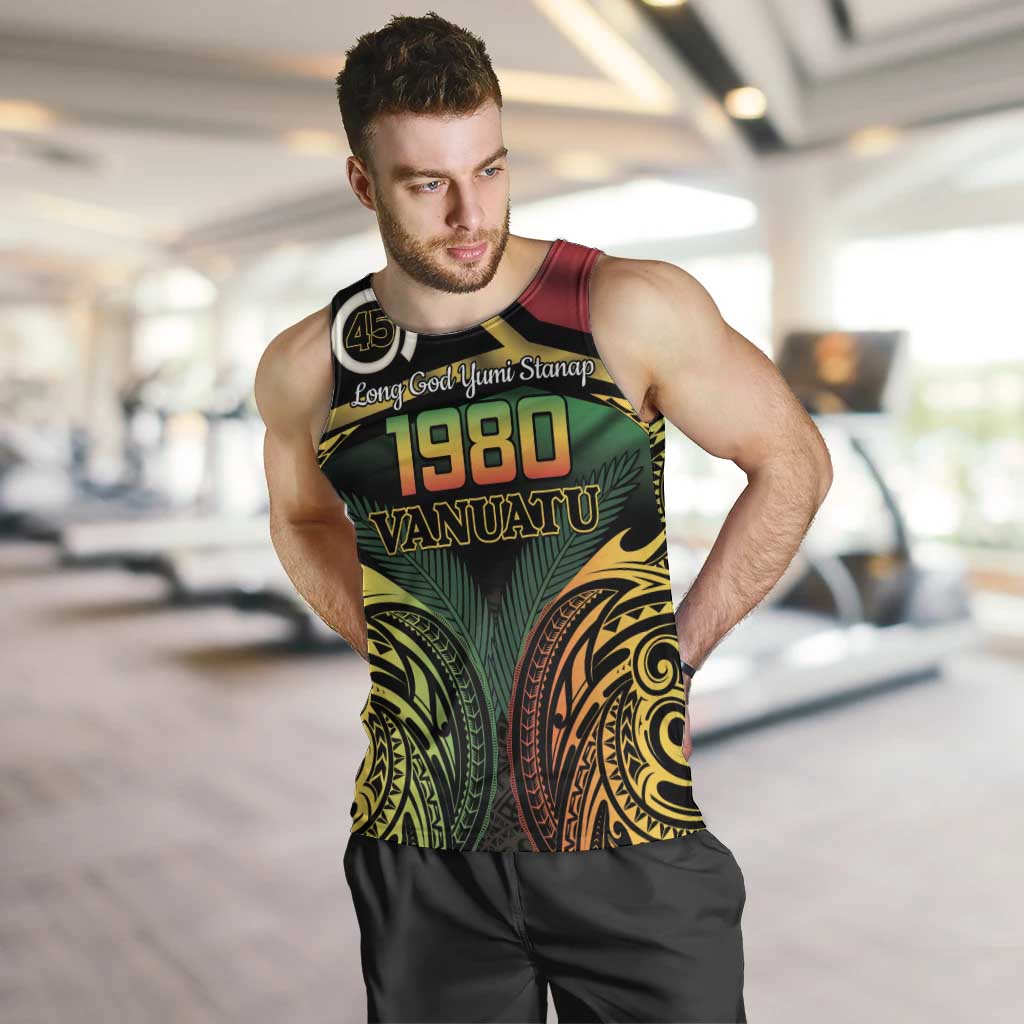 Vanuatu 1980 Men Tank Top Hapi 45 Yia Indipendens Anivesari LT14 Black - Polynesian Pride