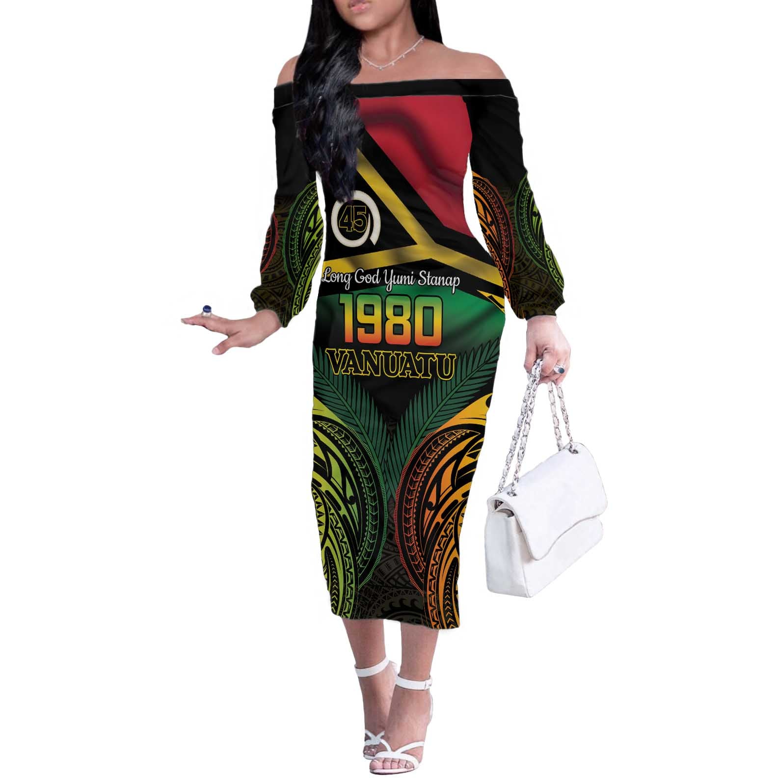 Vanuatu 1980 Off The Shoulder Long Sleeve Dress Hapi 45 Yia Indipendens Anivesari