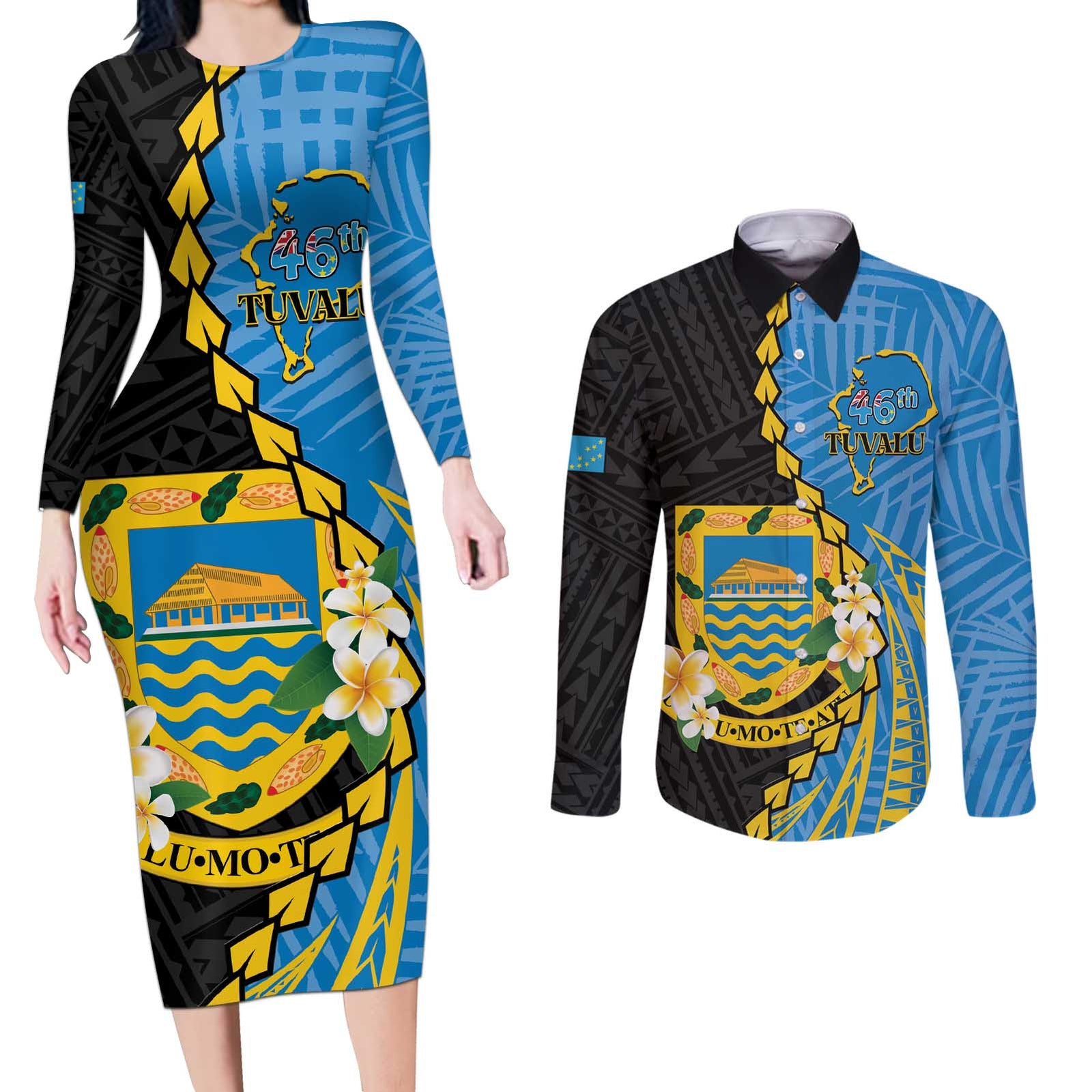 Tuvalu Independence Day Couples Matching Long Sleeve Bodycon Dress and Long Sleeve Button Shirt Manuia te tutokotasi o Tuvaluan Dolphin Tattoo LT14 Blue - Polynesian Pride