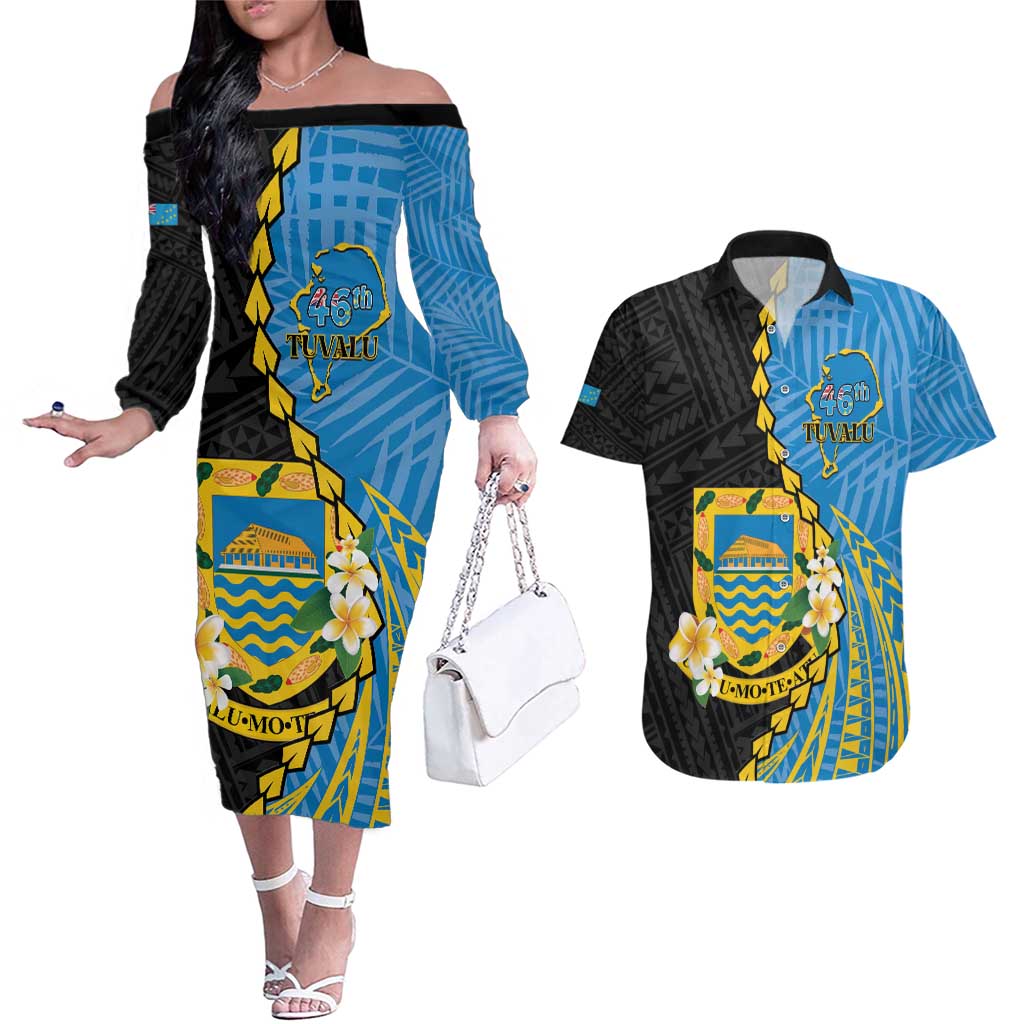 Tuvalu Independence Day Couples Matching Off The Shoulder Long Sleeve Dress and Hawaiian Shirt Manuia te tutokotasi o Tuvaluan Dolphin Tattoo LT14 Blue - Polynesian Pride