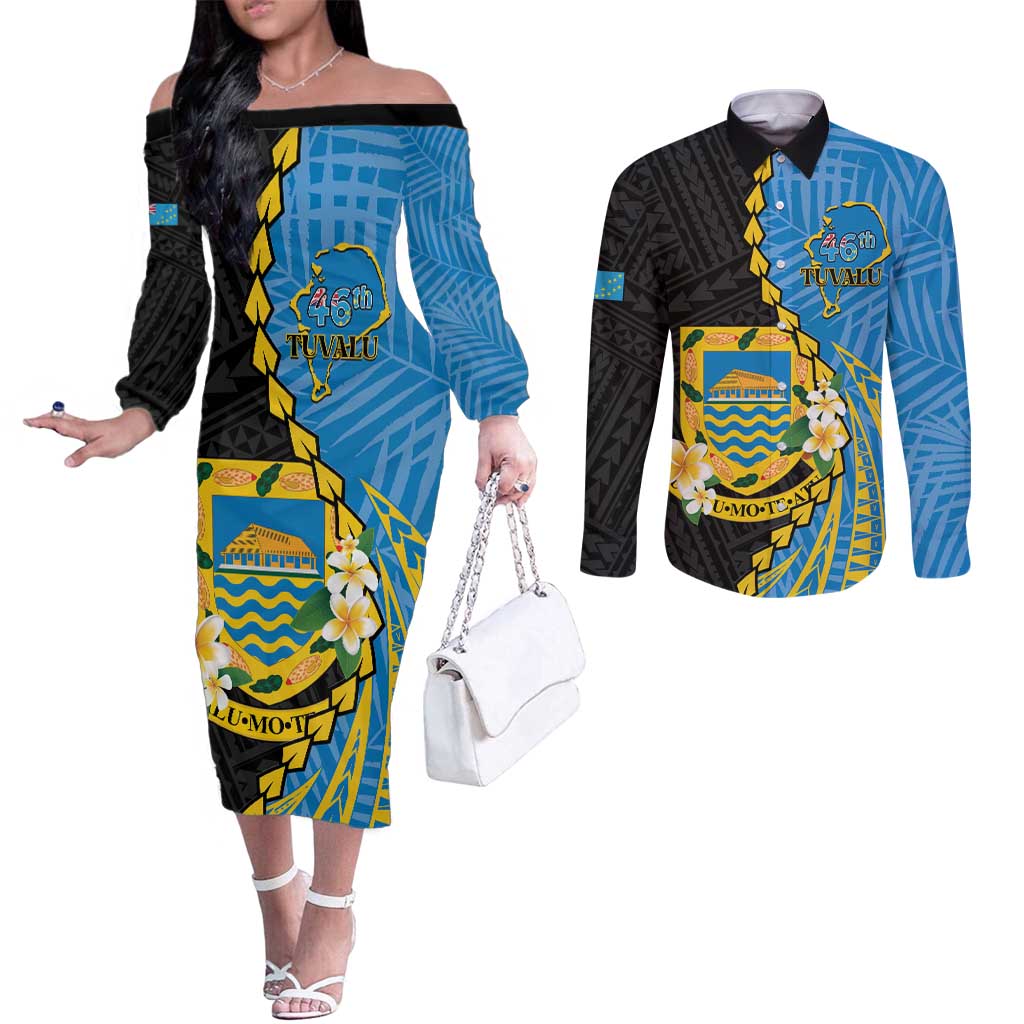 Tuvalu Independence Day Couples Matching Off The Shoulder Long Sleeve Dress and Long Sleeve Button Shirt Manuia te tutokotasi o Tuvaluan Dolphin Tattoo LT14 Blue - Polynesian Pride