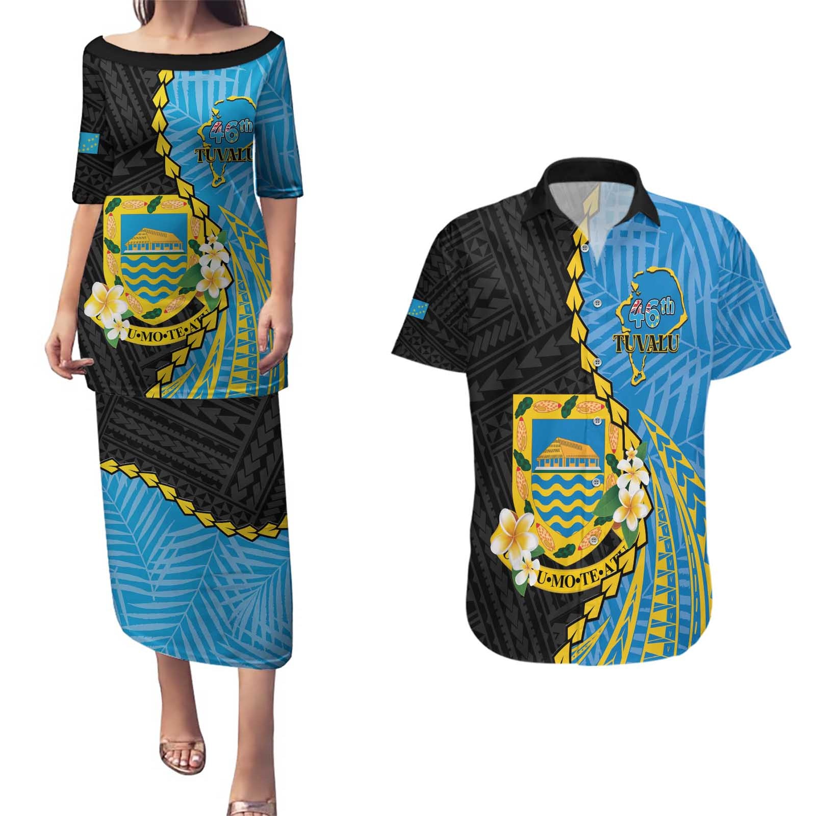 Tuvalu Independence Day Couples Matching Puletasi and Hawaiian Shirt Manuia te tutokotasi o Tuvaluan Dolphin Tattoo LT14 Blue - Polynesian Pride