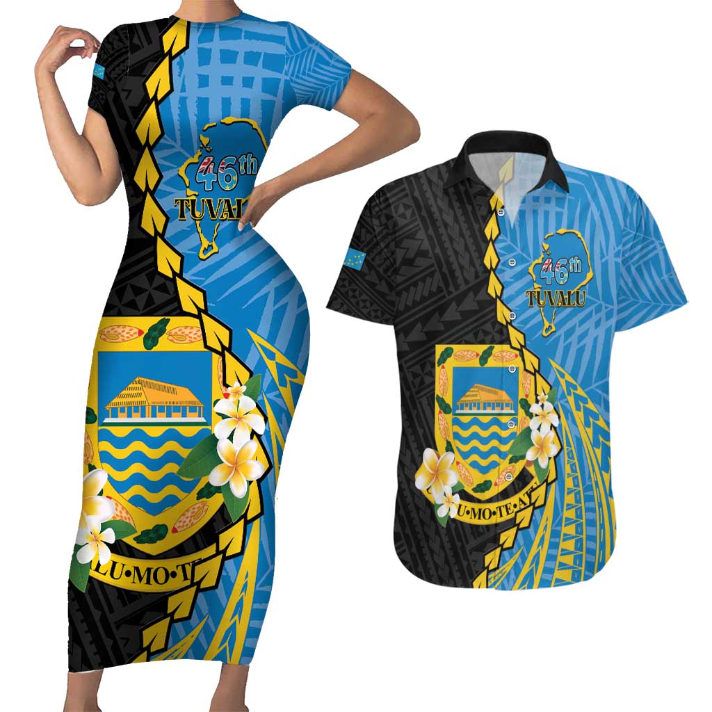Tuvalu Independence Day Couples Matching Short Sleeve Bodycon Dress and Hawaiian Shirt Manuia te tutokotasi o Tuvaluan Dolphin Tattoo LT14 Blue - Polynesian Pride