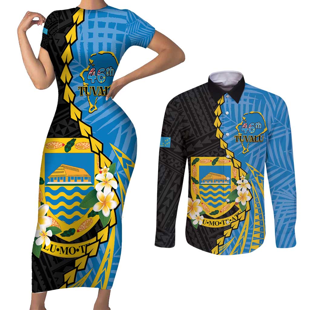 Tuvalu Independence Day Couples Matching Short Sleeve Bodycon Dress and Long Sleeve Button Shirt Manuia te tutokotasi o Tuvaluan Dolphin Tattoo LT14 Blue - Polynesian Pride