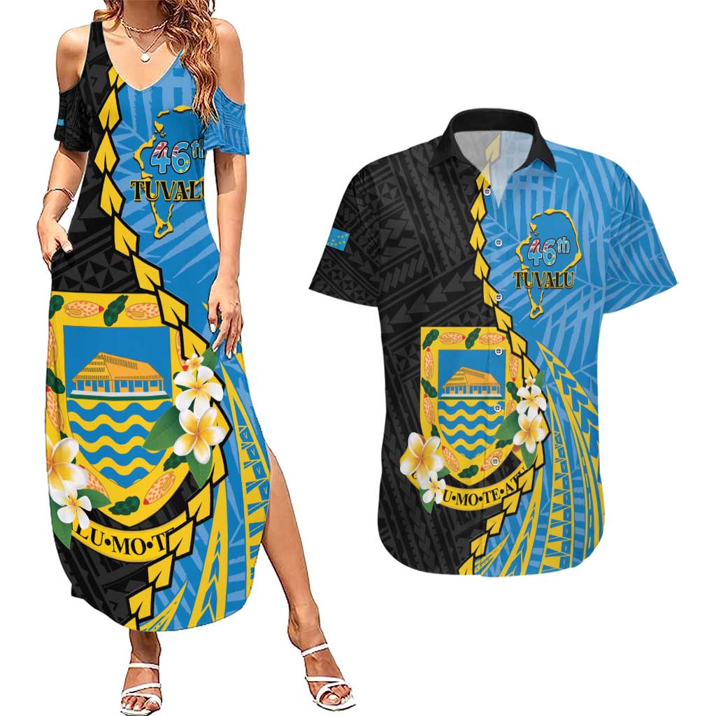 Tuvalu Independence Day Couples Matching Summer Maxi Dress and Hawaiian Shirt Manuia te tutokotasi o Tuvaluan Dolphin Tattoo LT14 Blue - Polynesian Pride
