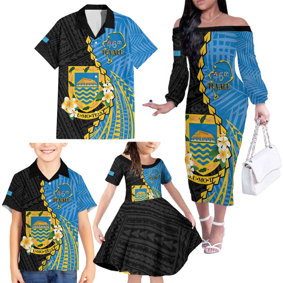 Tuvalu Independence Day Family Matching Off The Shoulder Long Sleeve Dress and Hawaiian Shirt Manuia te tutokotasi o Tuvaluan Dolphin Tattoo