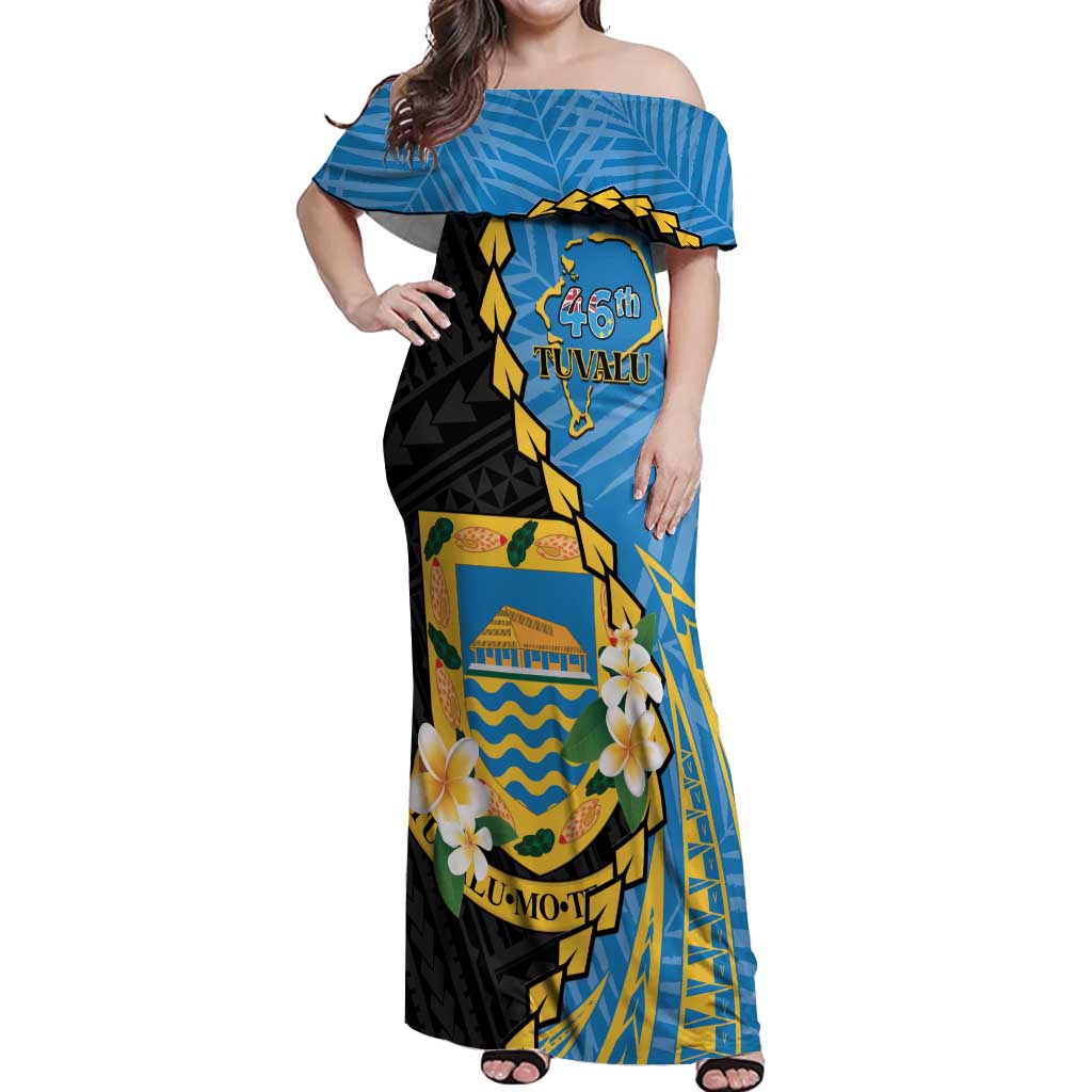 Tuvalu Independence Day Off Shoulder Maxi Dress Manuia te tutokotasi o Tuvaluan Dolphin Tattoo LT14 Women Blue - Polynesian Pride