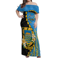 Tuvalu Independence Day Off Shoulder Maxi Dress Manuia te tutokotasi o Tuvaluan Dolphin Tattoo LT14 Women Blue - Polynesian Pride