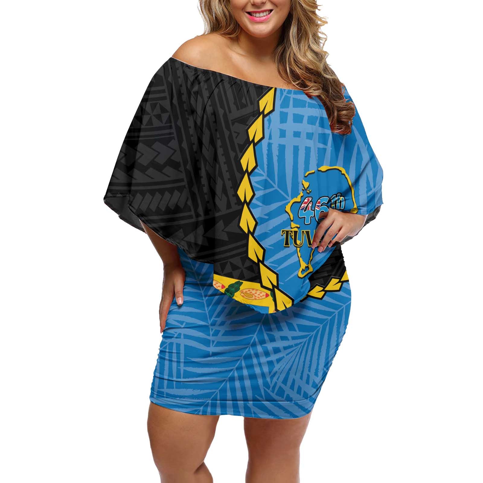 Tuvalu Independence Day Off Shoulder Short Dress Manuia te tutokotasi o Tuvaluan Dolphin Tattoo LT14 Women Blue - Polynesian Pride