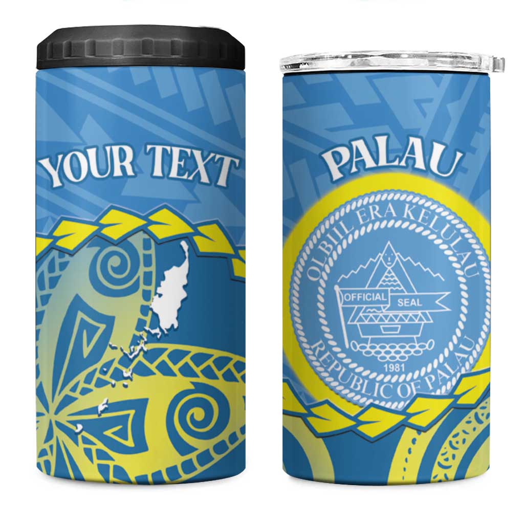 Personalised Palau Independence Day 4 in 1 Can Cooler Tumbler Belau Coat Of Arms Polynesian Curve Style