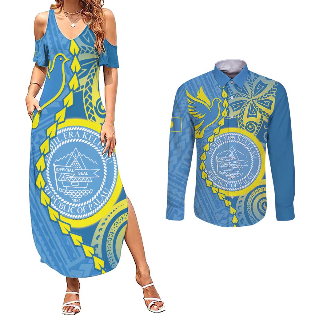 Personalised Palau Independence Day Couples Matching Summer Maxi Dress and Long Sleeve Button Shirt Belau Coat Of Arms Polynesian Curve Style